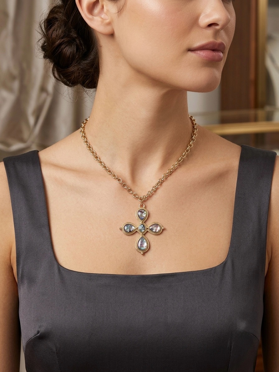 56. Atteri Gold Chain Necklace With Iridescent Cross Pendant